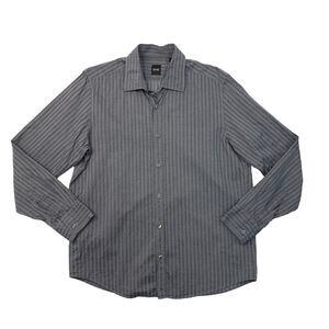 Hugo Boss Shirt Mens L Large Grey Striped Button Up Long Sleeve Cotton Dress